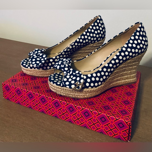 Tory Burch Shoes - Tory Burch Navy Sea, New Ivory Nautical Polka Dots Espadrille Wedge Pumps